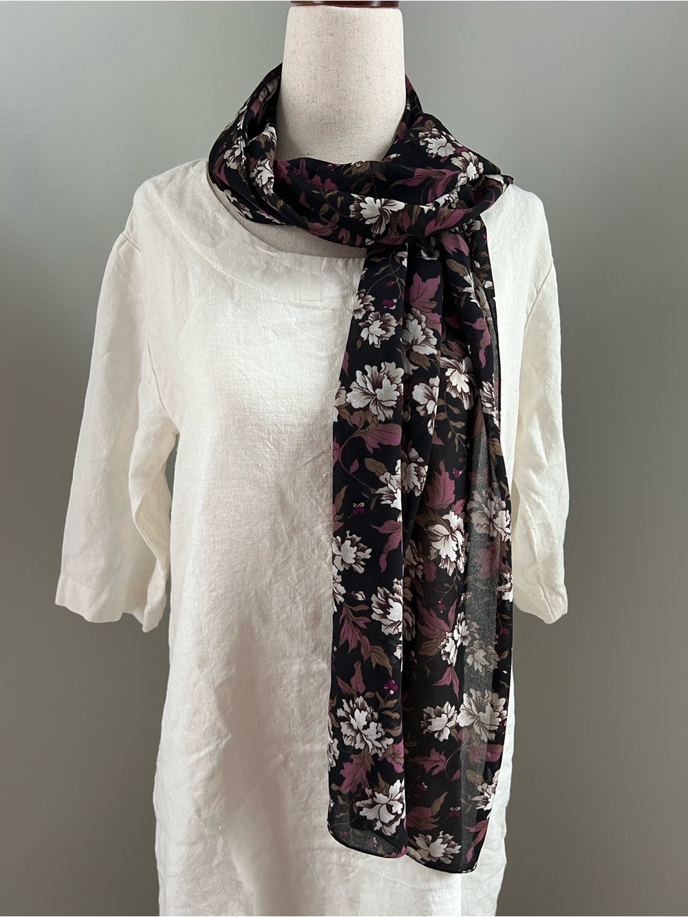 Floral Black & Plum Lightweight Scarf Size 66” x 14”